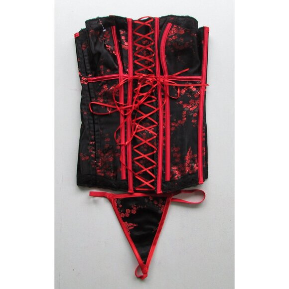 Black Red Asian Themed Jacquard Corset Set - NEW - Picture 4 of 9